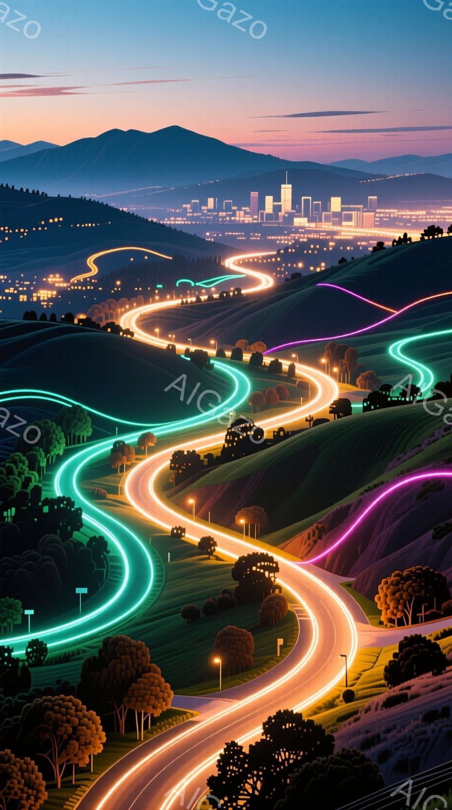 画像は、なだらかな丘陵地帯を縫うように走る道路の夜景を描いています。道路には光の筋が伸び、まるで光の蛇が丘陵を這うかのような幻想的な光景が広がっています。遠方には都市の明かりが輝き、夕焼け空と相まって、静寂と神秘的な雰囲気を醸し出しています。