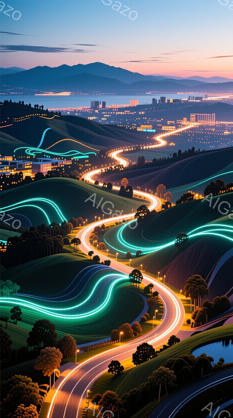 夜景を背景にした、曲線が美しい道路が印象的な風景です。道路は明るい光の線で描かれており、周囲の緑豊かな丘陵地帯とのコントラストが際立っています。遠くには都市の明かりが広がり、静かで幻想的な雰囲気を醸し出しています。