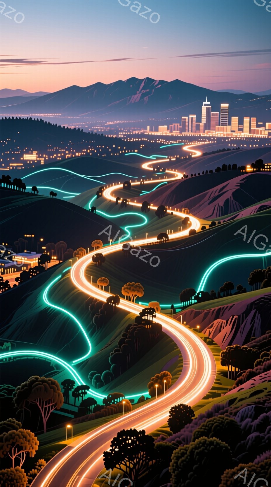 夜景を背景にした道路が印象的な風景です。道路は鮮やかなオレンジとターコイズの光の線で表現され、丘陵地帯を蛇行しながら遠くの都市へと続いています。周囲にはシルエット状の木々が点在し、遠景の都市の光と相まって幻想的な雰囲気を醸し出しています。