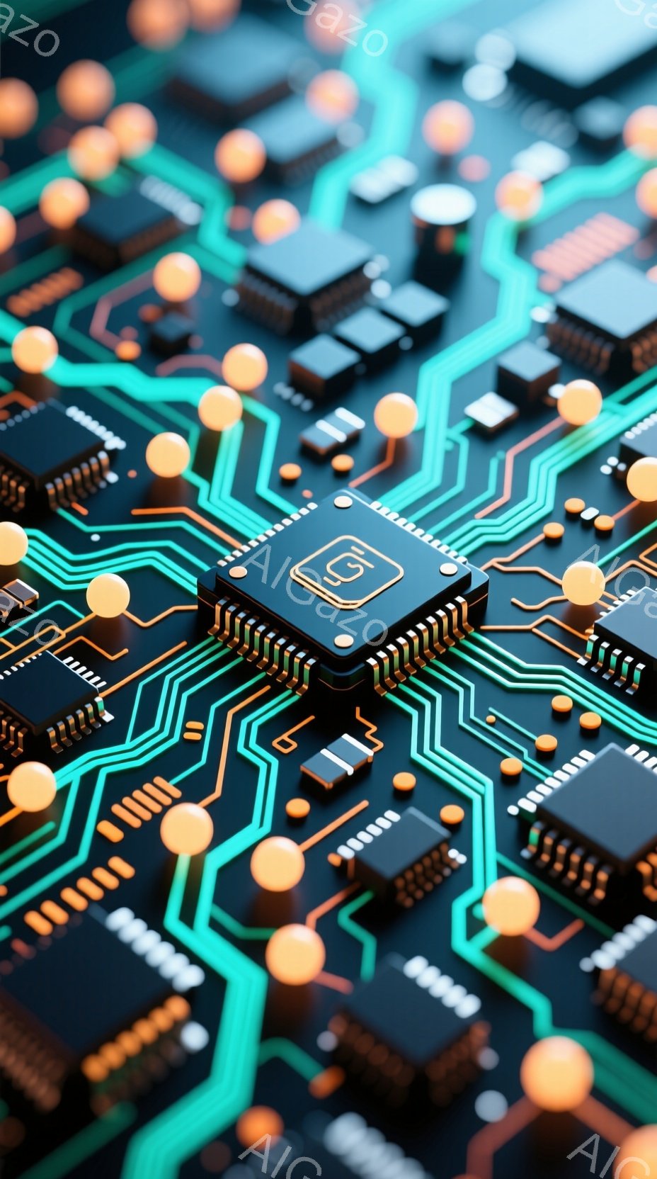 画像は、複雑な回路基板をクローズアップで捉えています。鮮やかなターコイズブルーの配線が黒い基板上を走り、金色の小さな球体や、様々な電子部品が配置されています。全体的に未来的な印象で、テクノロジーと精密さを強調しています。