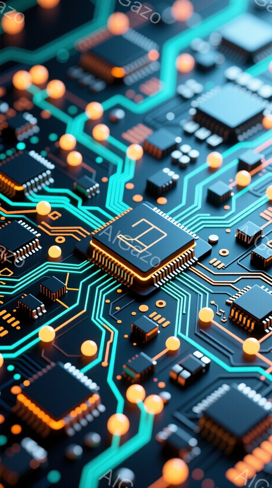 この画像は、鮮やかな青とオレンジの電子回路基板をクローズアップしたものです。多数の電子部品が複雑に配置され、未来的な印象を与えます。回路の線は、精密で規則的に配置され、技術的な美しさを強調しています。