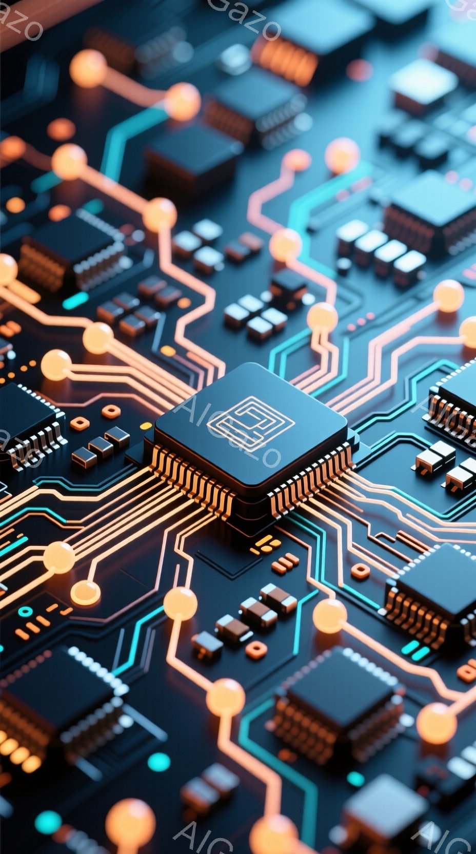 この画像は、複雑な電子回路基板をクローズアップで捉えたものです。鮮やかな青とオレンジの配線が幾何学的に交差し、様々な電子部品が精密に配置されています。全体的に未来的で、技術的な精密さを強調した印象を与えます。