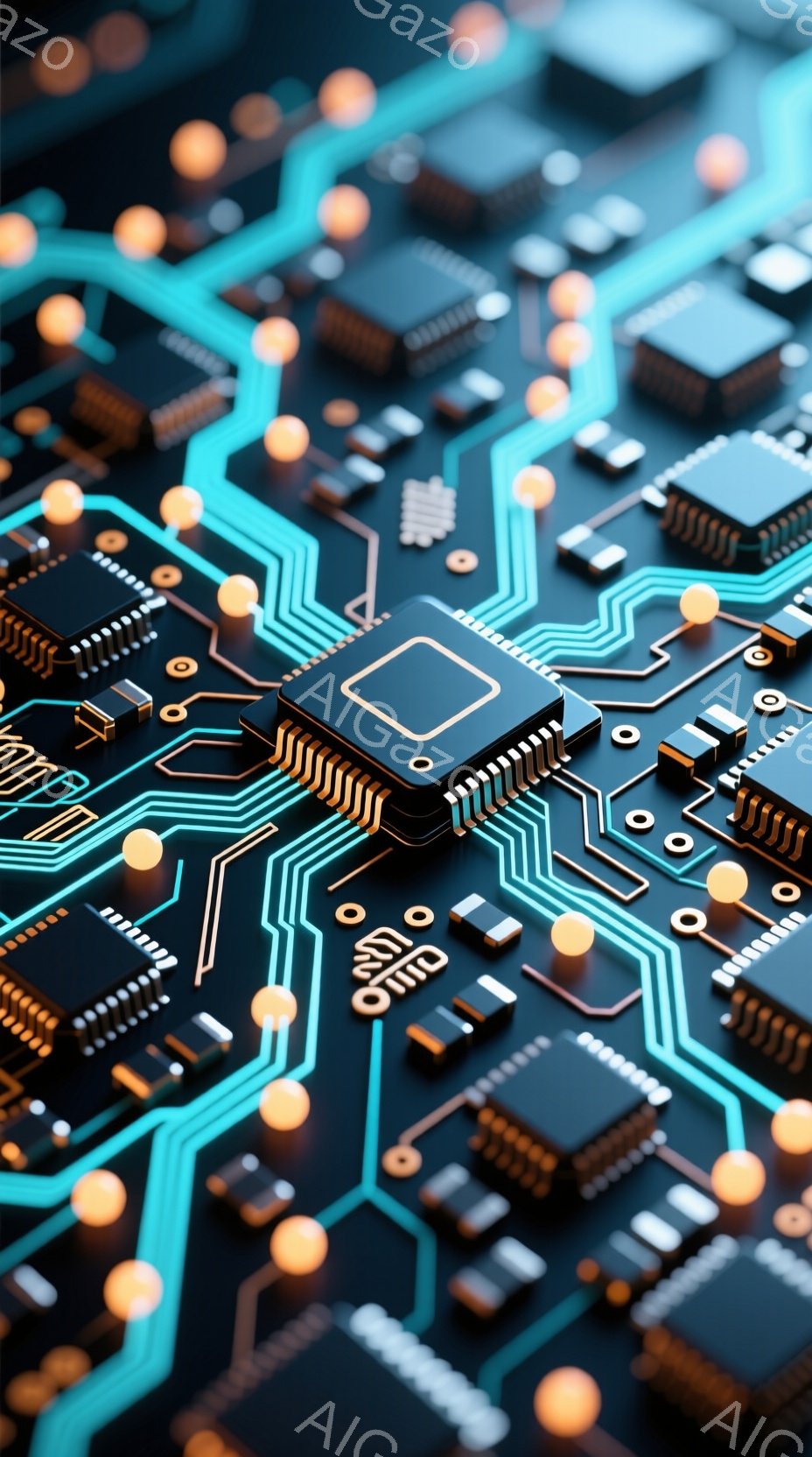 この画像は、黒色の基板上に配置された電子部品のクローズアップです。鮮やかなターコイズブルーの配線が複雑に走り、小さな金色のコンデンサや黒色のICチップが規則的に並んでいます。全体的に、高度なテクノロジーと精密さを感じさせる、未来的な雰囲気の画像です。