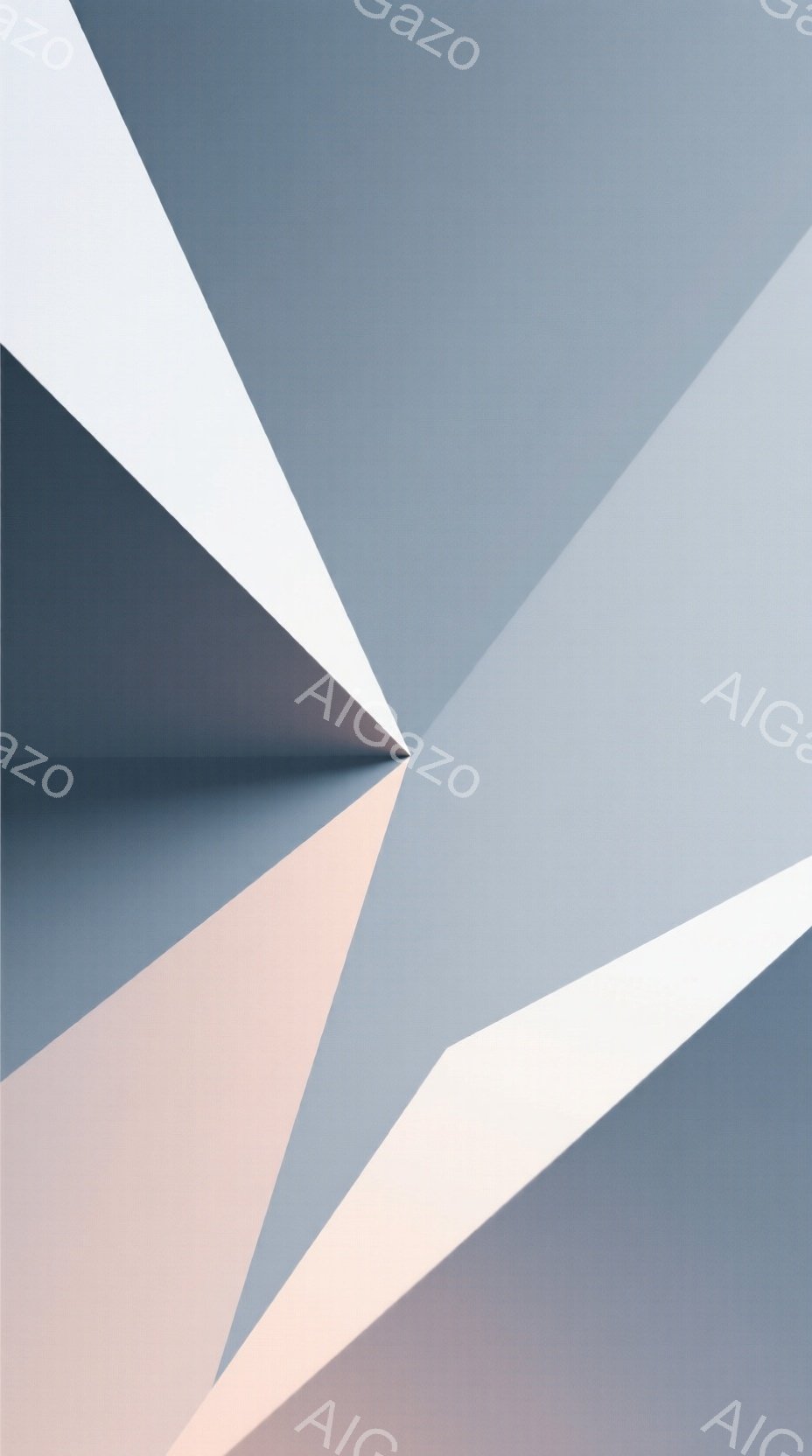 画像は、様々な濃淡のグレーと、わずかなピンク色が重なり合う幾何学的な抽象画である。鋭角な三角形が放射状に配置され、互いに接することで、奥行きと立体感が生まれている。 全体的に静かで、洗練された雰囲気で、ミニマリズムを強調した作品と言える。