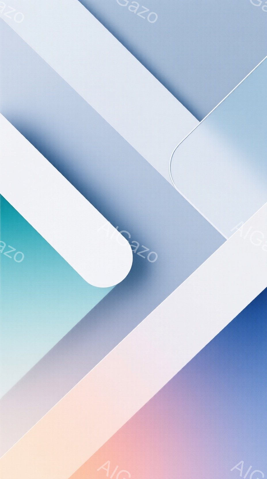 この画像は、グラデーションがかった抽象的な背景で構成されています。白、水色、紫、オレンジ色が重なり合い、光沢のある紙のような質感を与えています。幾何学的なラインとカーブが組み合わさり、ミニマルで現代的 - AI生成フリー素材