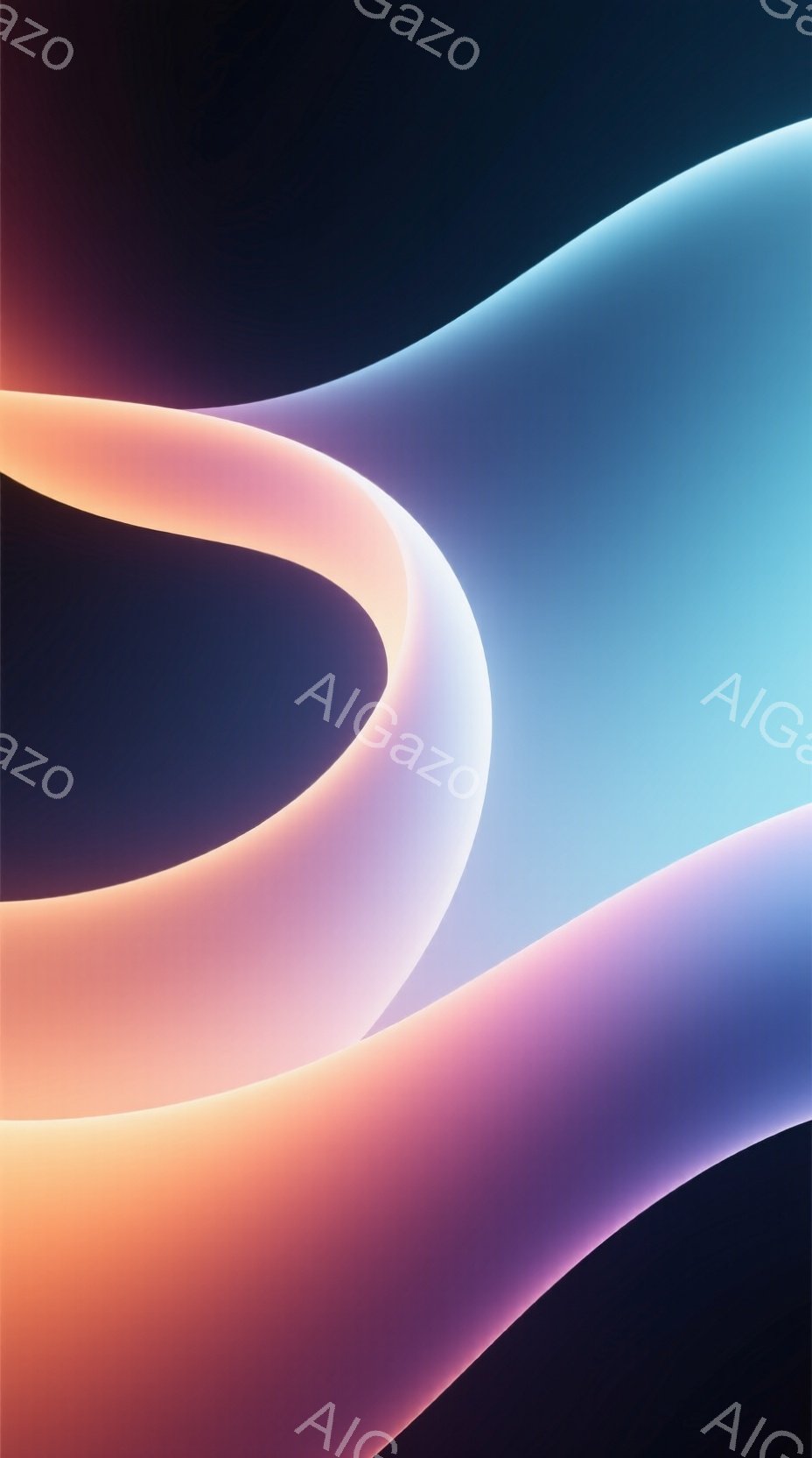 鮮やかな色彩が重なり合う抽象的な画像で、オレンジ、ピンク、紫、青の色調が流れるように混ざり合っている。光が柔らかく拡散しており、まるで光のベールが幾重にも重なっているような印象を与える。全体的に暖かく、夢幻的な雰囲気で、奥行きを感じさせるグラデーションが特徴的である。