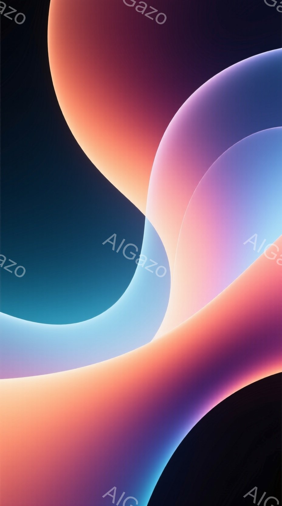 この画像は、鮮やかな色彩が重なり合う抽象的な表現です。ピンク、オレンジ、水色、紫色のグラデーションが滑らかに繋がり、まるで光のオーラが重なり合っているかのような印象を与えます。背景は特定できず、色彩そのものが全体を覆い尽くしています。