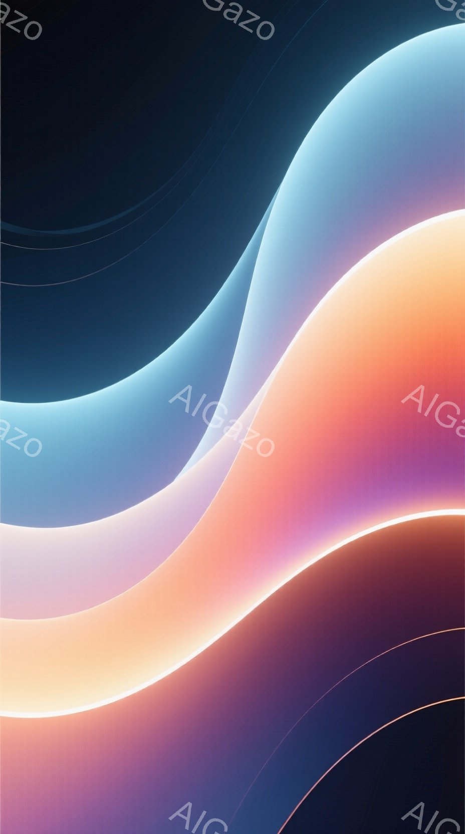 この画像は、鮮やかな色彩の曲線が重なり合う抽象的な表現です。青、オレンジ、紫のグラデーションが滑らかに繋がり、まるで光の帯が流れているような印象を与えます。背景は暗く、色彩が際立つことで、幻想的で奥行きのある雰囲気を醸し出しています。