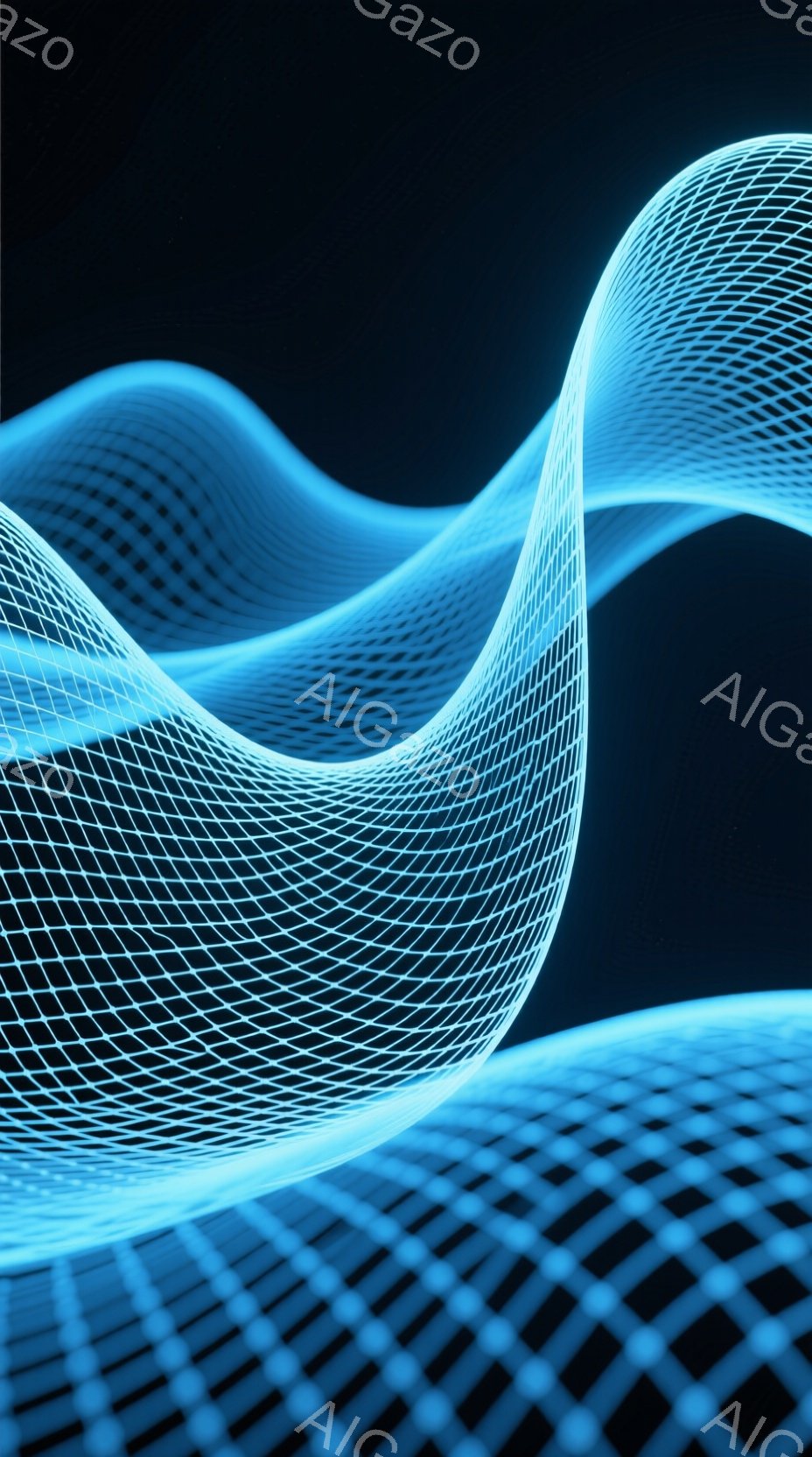 鮮やかな青色の光の網目が、流れるような曲線を描いて画面を占めている。この網目はまるでエネルギーの流れのように、暗い背景の中で輝きを放っている。全体的に未来的な印象を与える、抽象的で美しい光景である。 - AI生成フリー素材