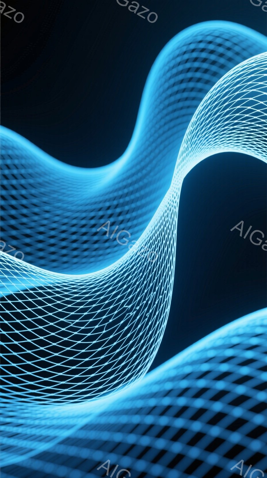 鮮やかな青色の発光線が、複雑な網目状のパターンを形成し、空間を蛇行するように流れています。背景は暗闇で、発光線のコントラストが強調され、未来的な印象を与えます。まるで光のエネルギーが流動的に表現されているような、幻想的で抽象的なイメージです。