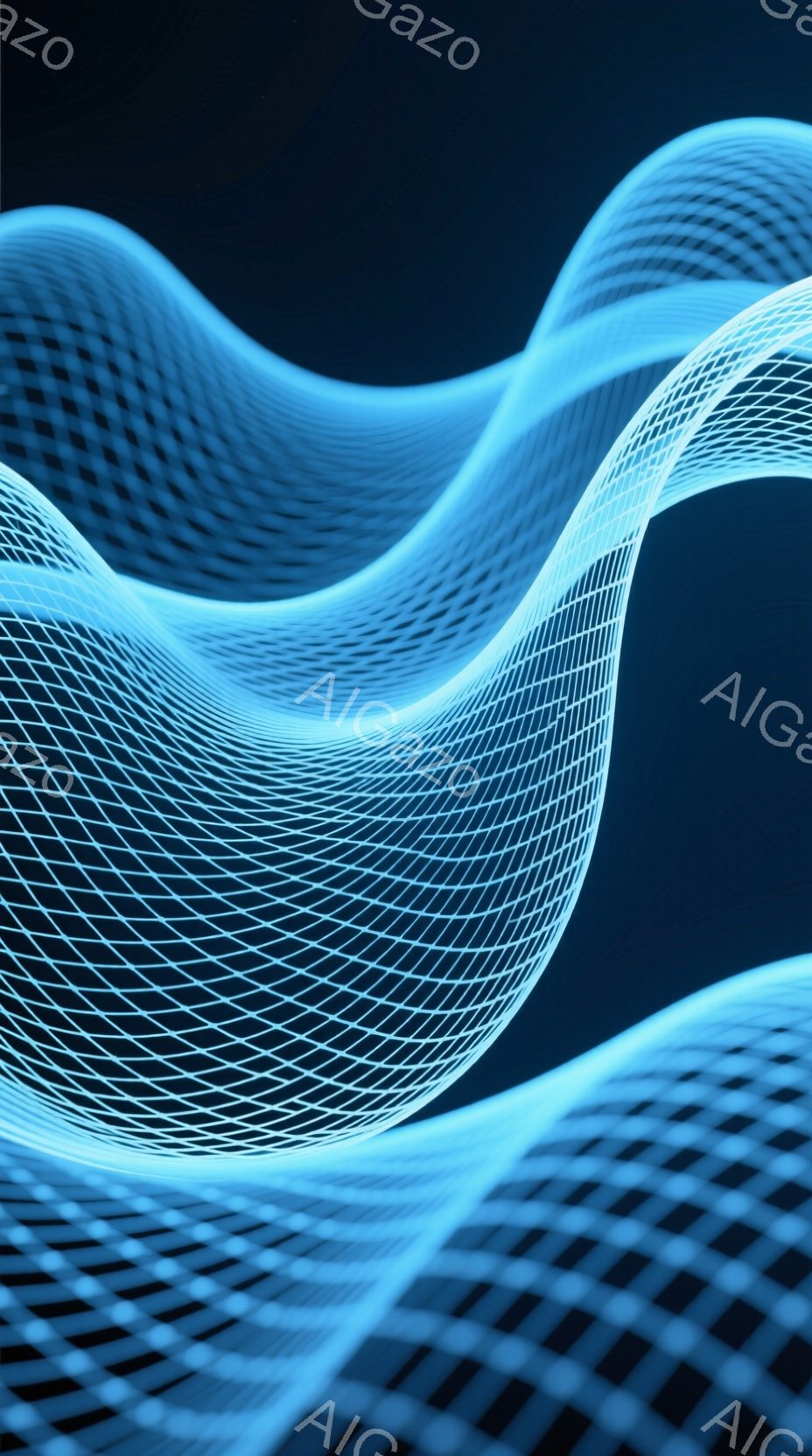 鮮やかな青色の発光する網目状の構造体が、まるで光の波のように空間を蛇行している様子が描かれている。網目は細かく緻密で、未来的なエネルギーやデジタル世界のイメージを喚起させる。暗い背景が発光する網目を際立たせ、神秘的で没入感のある雰囲気を醸し出している。
