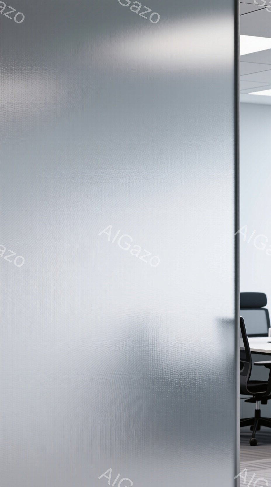 この画像は、磨かれたガラス越しにオフィスの一角を捉えたもので、ややぼやけた視界の中で、モダンな事務用椅子とデスクが確認できます。 室内は白を基調とした清潔感のある空間で、プロフェッショナルで落ち着いた雰囲気が漂っています。 光源は不明ですが、全体的に均一な明るさで、事務作業に集中できる環境であることが伺えます。