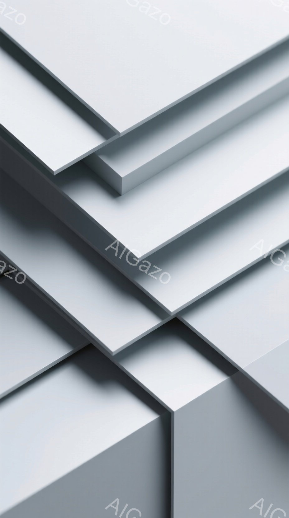 白を基調とした、交差する幾何学的なパネルの抽象的な構成です。影のコントラストが、立体感を強調し、ミニマルでモダンな雰囲気を醸し出しています。背景は白一色で、被写体の形状と光の相互作用に焦点が当てられています。