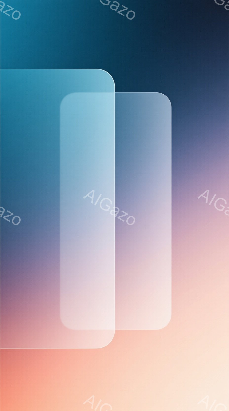 鮮やかなグラデーションが印象的な画像です。上部は青から紫、下部はオレンジ色へと変化しており、その中心にぼんやりとした白っぽい四角形が二つ重なっています。全体的に穏やかで夢幻的な雰囲気が漂い、抽象的で洗練された印象を与えます。