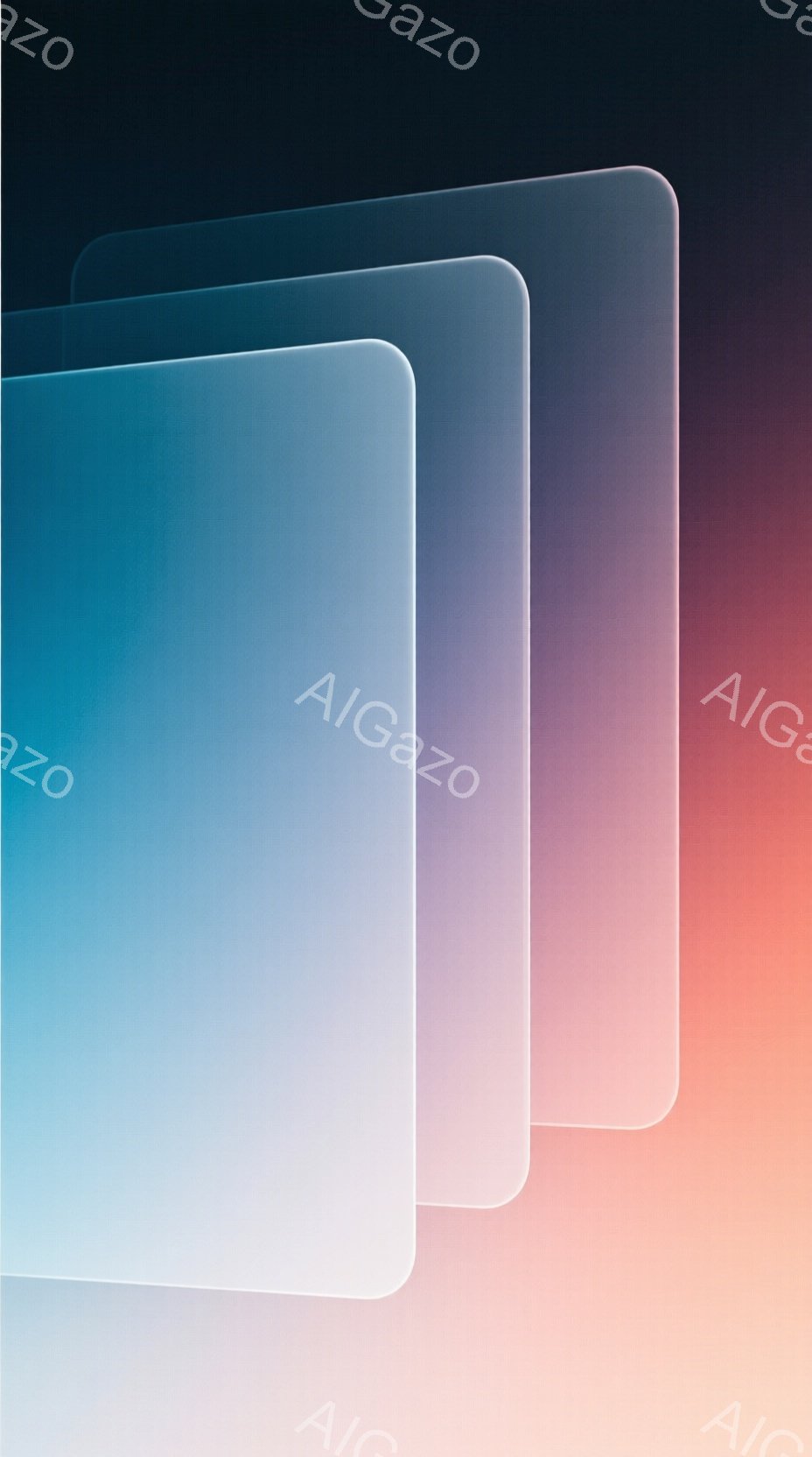 ぼやけた、半透明の長方形が複数、互いに重なり合って配置されている。背景は、濃い青からピンクへとグラデーションがかかっており、柔らかく夢幻的な雰囲気を醸し出している。具体的な人物や風景は描かれておらず、色彩と形の抽象的な組み合わせが印象的である。