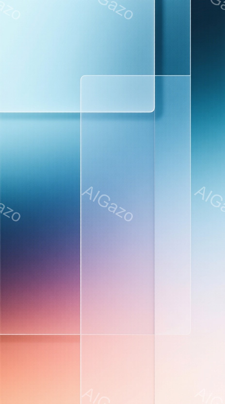 この画像は、青、紫、ピンク、オレンジ色のグラデーションが重なった抽象的な構成です。正方形と長方形が互いに重なり合い、半透明のレイヤーが奥行きと複雑さを生み出しています。全体的に穏やかで夢幻的な雰囲気であり、ミニマルで洗練された印象を与えます。