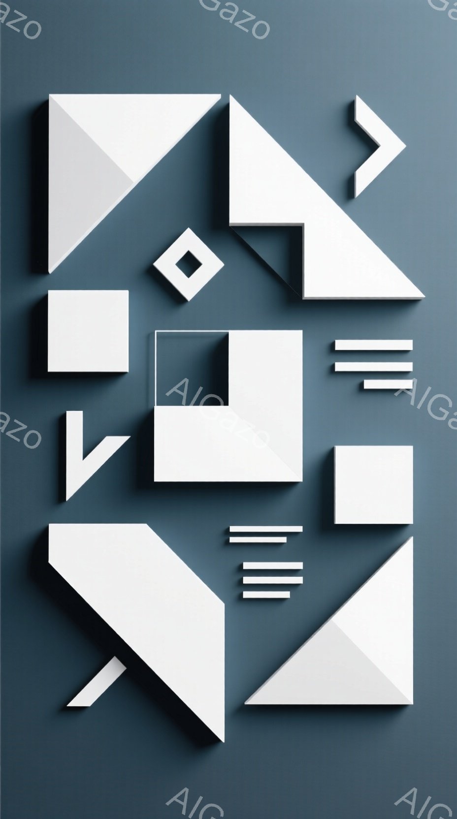 この画像は、さまざまな大きさや形の白い幾何学的な形体が、濃い青色の背景に配置された抽象的な構成です。各形体は影を持ち、立体感を出し、空間における奥行きを感じさせます。全体として、ミニマリズムと現代的なデザインの要素を取り入れた、洗練された雰囲気です。