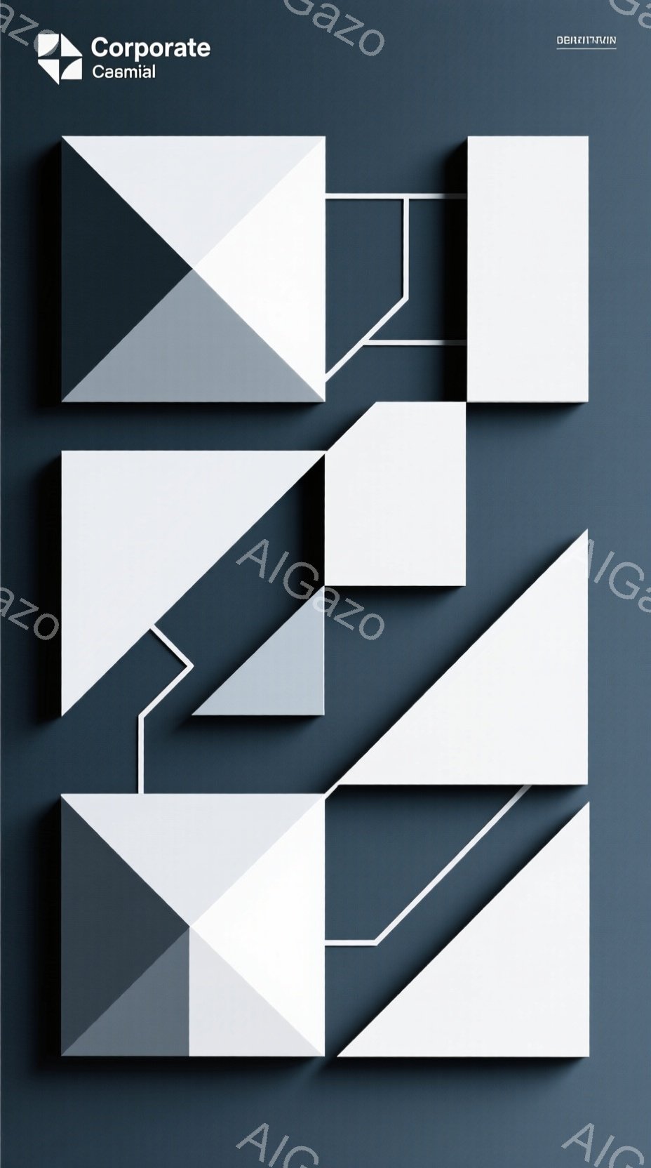 この画像は、青色の背景に、白とグレーの幾何学的な形状が重なり合う抽象的な構成です。形はすべて三角形であり、立体的な表現で奥行きと影を作り出しています。全体として、モダンでミニマルな印象を与え、洗練された美しさを感じさせます。