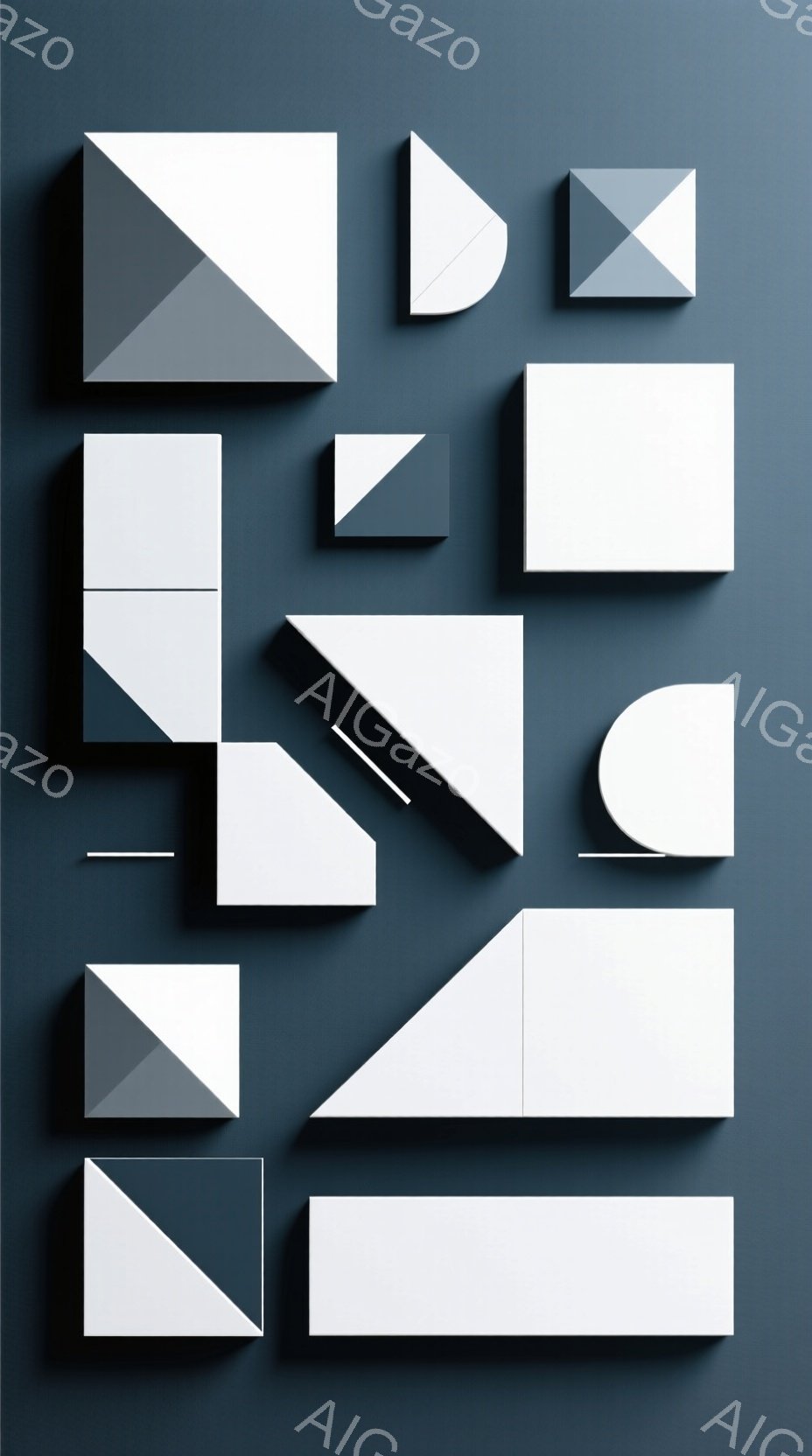 深い青色の背景に、様々な幾何学的な白い立体物が配置されています。それらは三角形、四角形、円弧など多様な形状をしており、影が落とされて奥行きが表現されています。ミニマルでモダンな雰囲気で、オブジェクトの配置は抽象的であり、鑑賞者の想像力を掻き立てるような構成になっています。