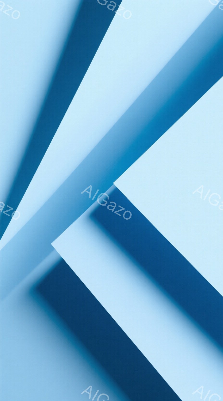 この画像は、互いに交差する濃い青と薄い青の幾何学的な帯で構成されています。光と影のコントラストが強調され、奥行きと動きの錯覚を生み出しています。背景は一貫して明るい青色で、抽象的な雰囲気とミニマリズムを強調しています。