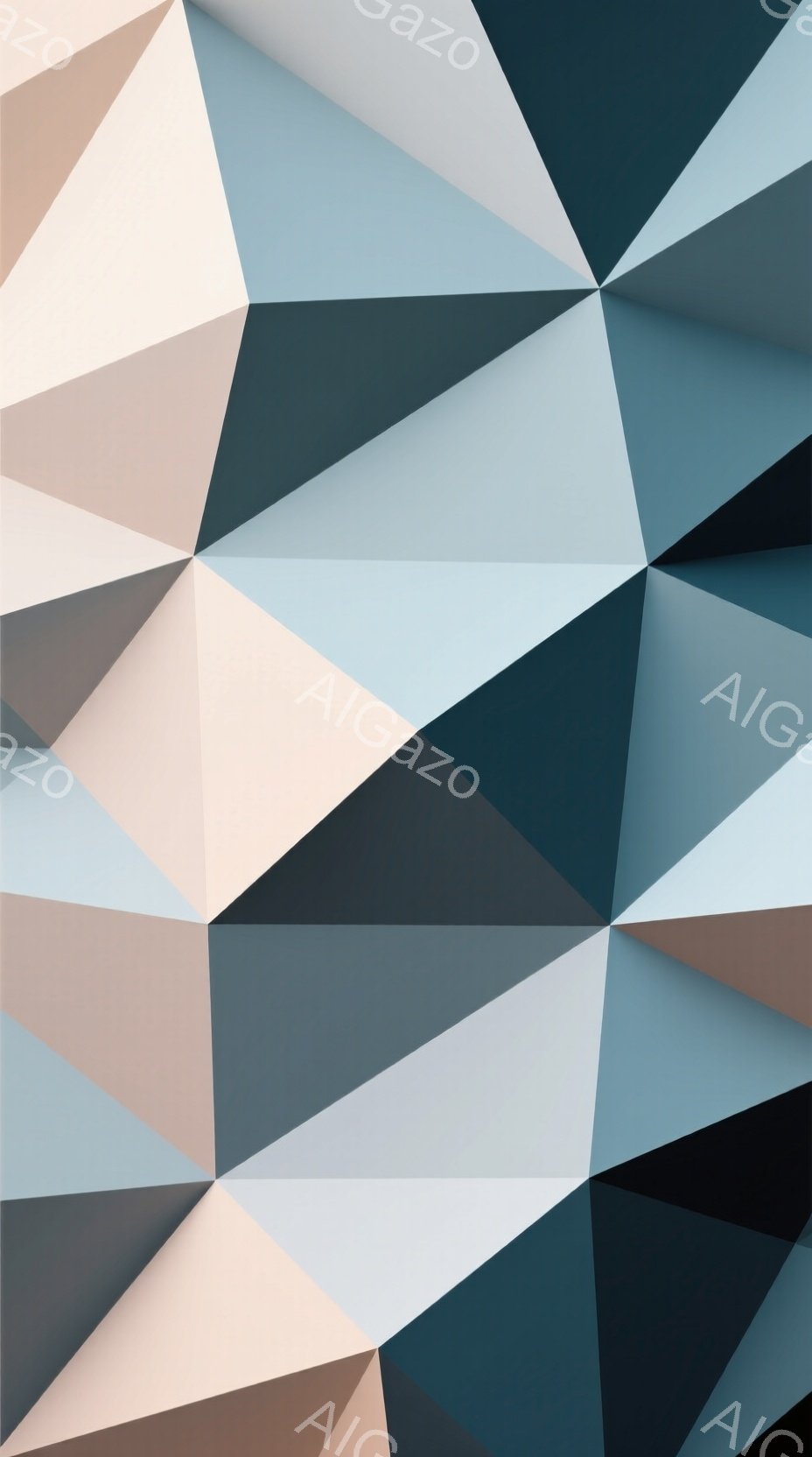 この画像は、多角形、特に三角形を組み合わせた抽象的なデザインです。淡いピンク、グレー、濃い青緑色のグラデーションが、幾何学的なパターンを作り出しています。背景には特に具体的な要素はなく、色彩と形状のみが印象的で、モダンでミニマルな雰囲気を醸し出しています。