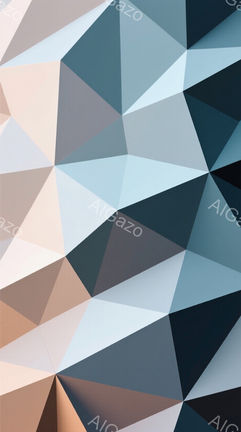 この画像は、様々な色合いの三角形が組み合わさった抽象的なデザインです。淡いピンク、ベージュ、水色、濃い青、黒など、多様な色が用いられ、互いに交差することで、複雑でダイナミックな視覚効果を生み出しています。背景や人物は存在せず、色彩と形状のみが強調された、モダンアートのような雰囲気です。