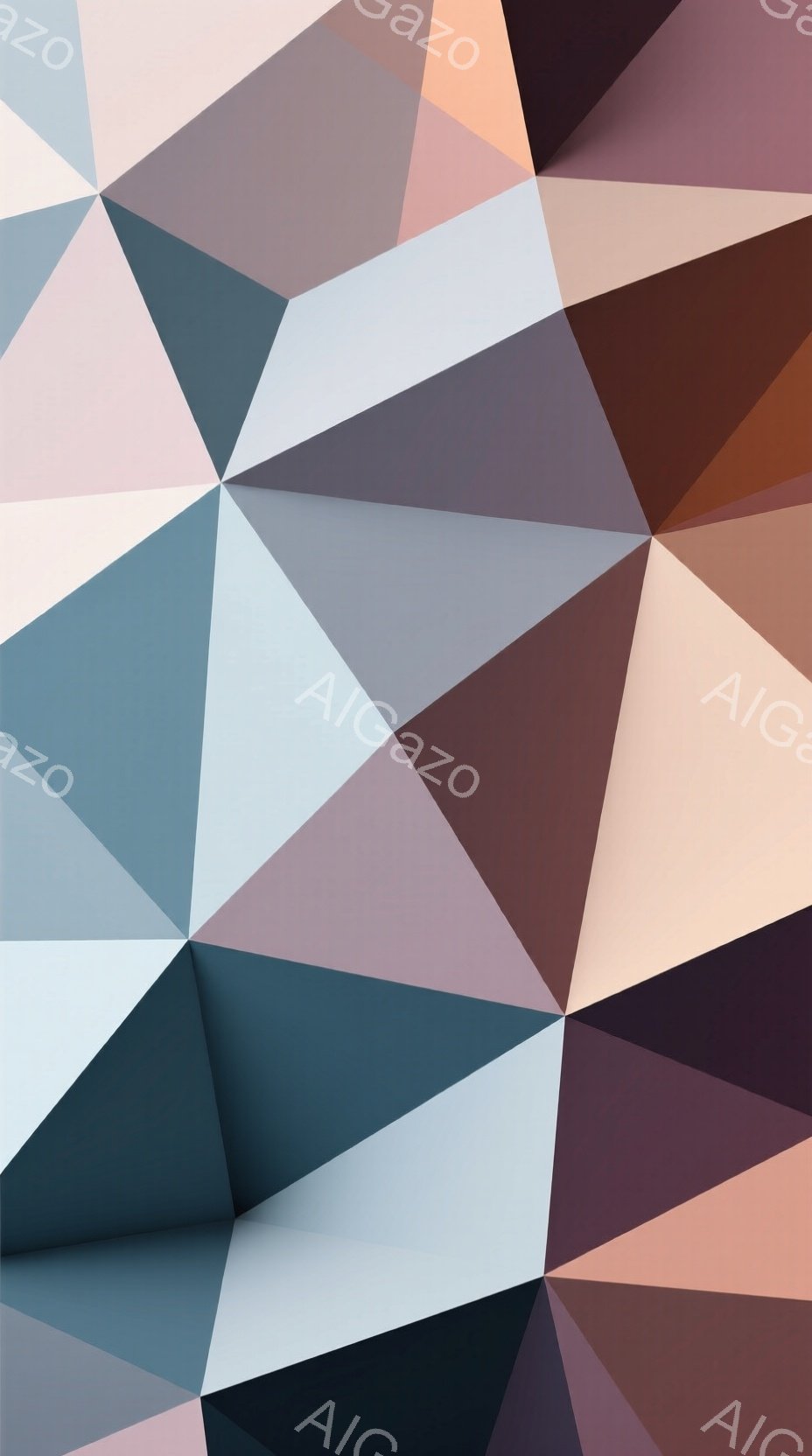 この画像は、様々な色調の三角形が組み合わさって構成された抽象的なデザインです。暖色系のオレンジや茶色、寒色系の青やグレーが混ざり合い、幾何学的なパターンが全体に広がっています。光と影の効果によって、奥行きと立体感が強調されています。