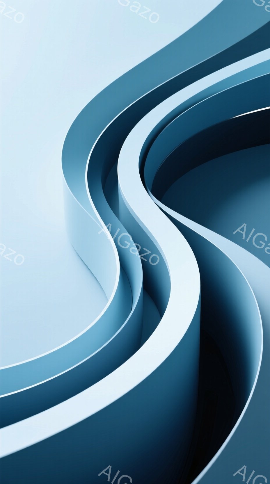 鮮やかな青色の帯が、まるでリボンや彫刻のように幾重にも重なり合って流れるような曲線を描いています。光沢のある素材と、影のコントラストが、立体感を強調し、未来的な印象を与えます。背景は淡い青色で統一されており、帯の曲線美を際立たせています。