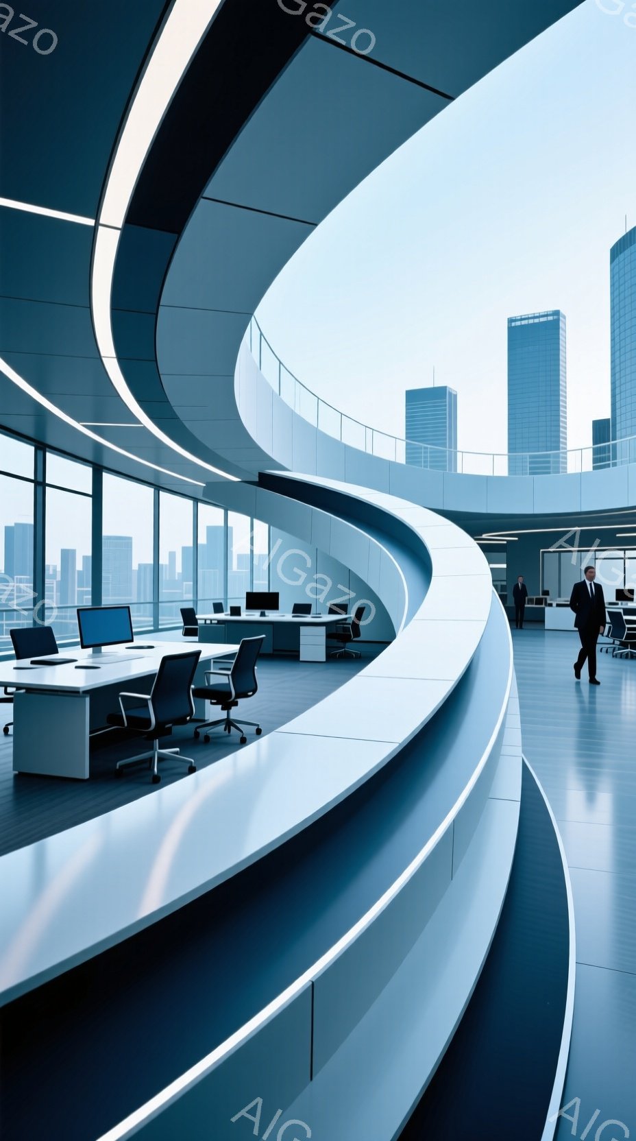 白を基調とした、未来的なオフィス空間が広がっている。曲線を描く壁と床が特徴的で、大きな窓からは高層ビル群が連なる都市景観が見渡せる。黒いスーツを着た男性が一人、廊下を歩いており、洗練された雰囲気を醸し出している。