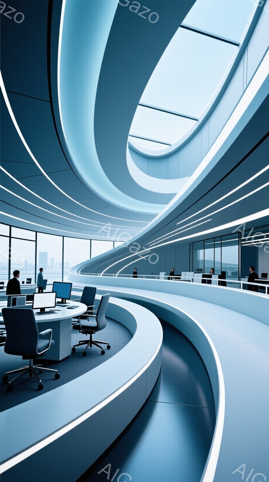 白を基調とした未来的なコントロールルーム内部が描かれている。曲線状に配置されたデスクと椅子には数名の人物が座っており、皆フォーマルな服装でモニターを見つめている。背景には高層ビル群と霞んだ空が広がり、洗練された雰囲気と静寂さを醸し出している。