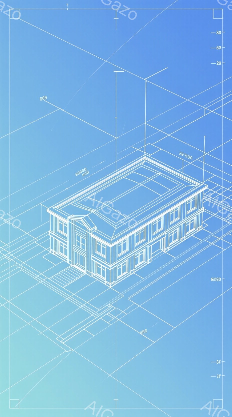 この画像は、青い背景に白い線で描かれた建物の設計図のようなものです。建物は二階建てで、いくつかの窓とドアが細かく表現されています。全体的に技術的な図面のような印象で、未来的な雰囲気も感じられます。