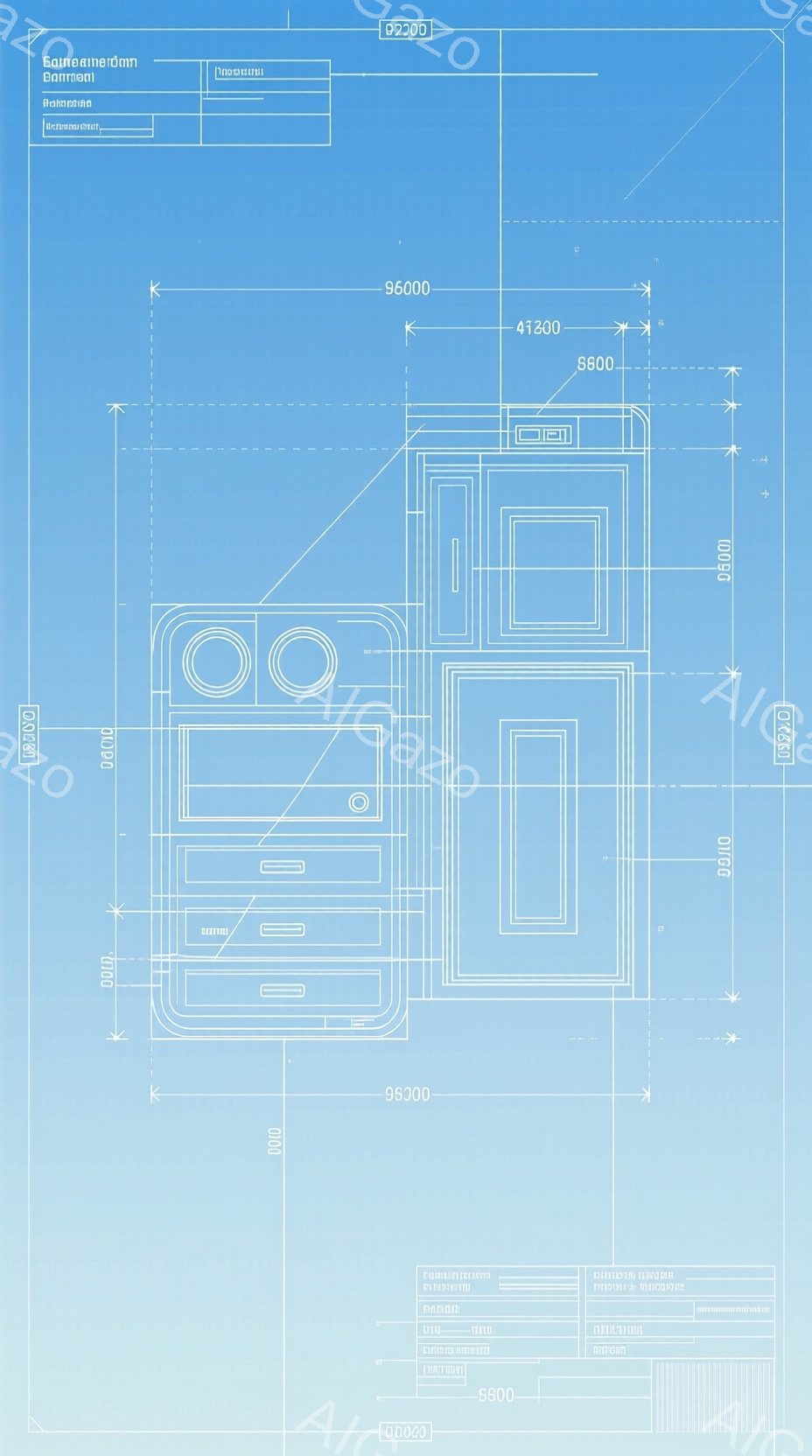 この画像は、青い背景に白い線で描かれた設計図のようなものです。様々な長方形や直線で構成され、まるで建築物の青写真のように見えます。全体的に無機質で技術的な印象を与え、人の姿や自然の要素は一切ありません - AI生成フリー素材