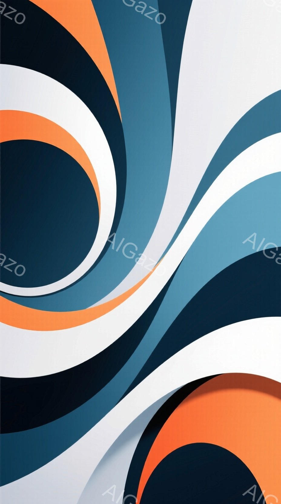 鮮やかなオレンジ、濃い青、白の曲線が重なり合い、抽象的な模様を形成しています。曲線は流れるような動きを持ち、立体感のある影が加わることで、まるで紙が波打っているかのような視覚効果を生み出しています。背景は単色で、曲線の鮮やかさを際立たせています。