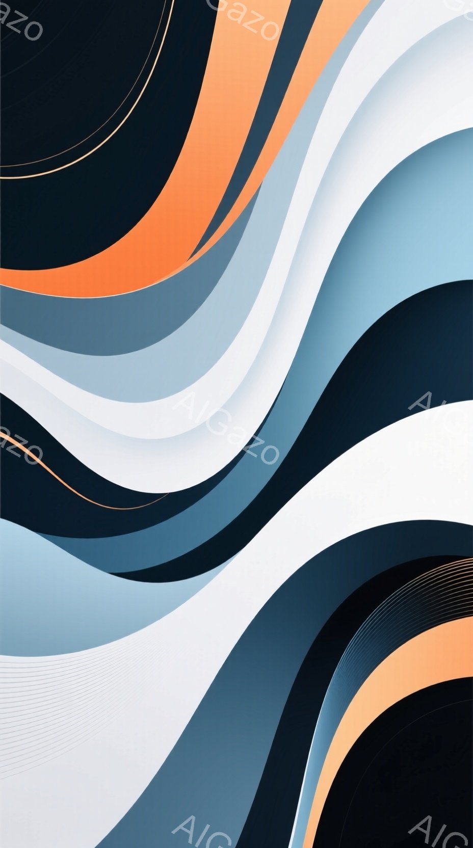 この画像は、さまざまな青とオレンジの色合いが曲線的に重なり合った抽象的なデザインです。滑らかで流れるような線が、奥行きと動きを生み出し、視覚的なリズムを形成しています。全体として、モダンで洗練された雰囲気であり、幾何学的な美しさが際立っています。