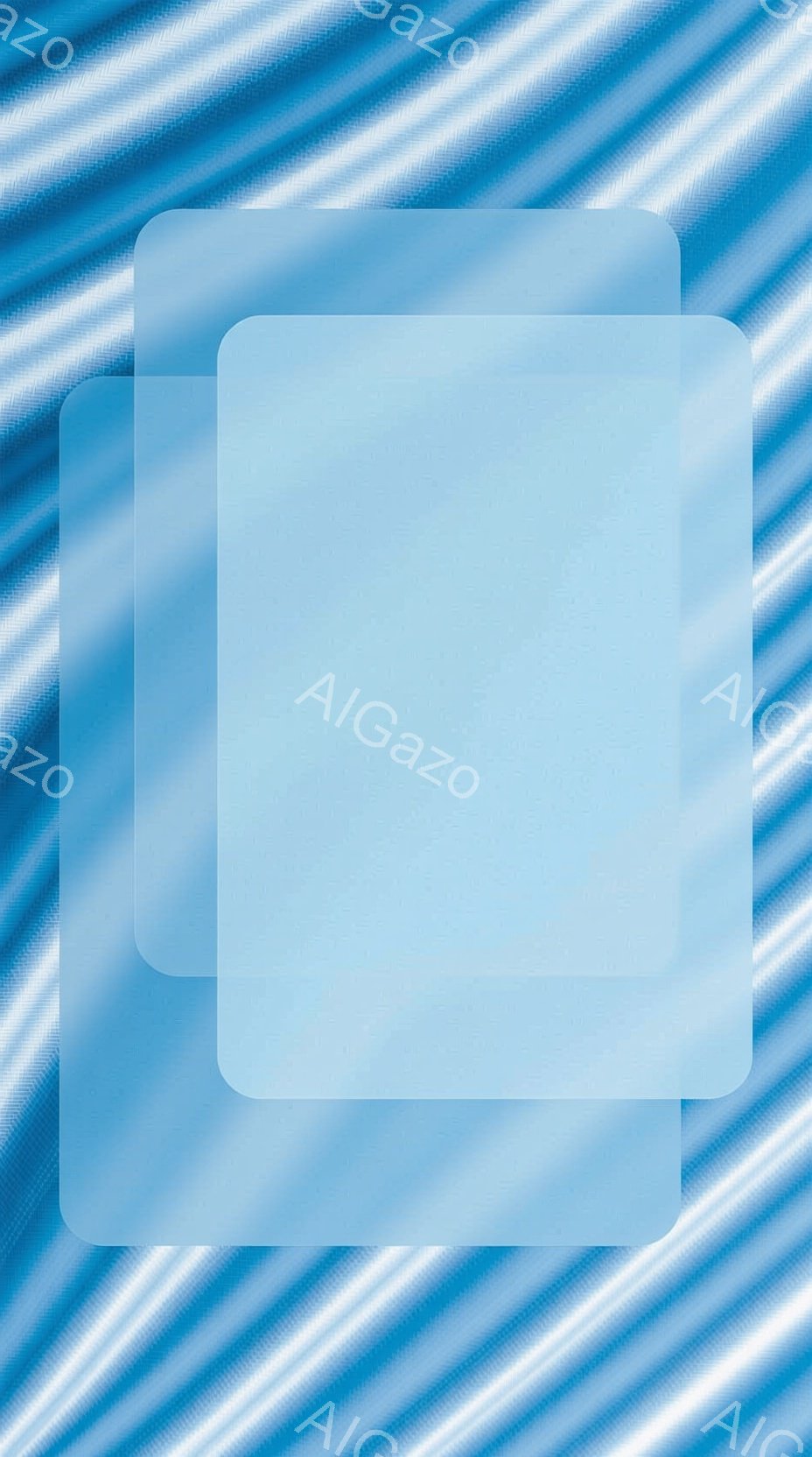 画面は、光沢のある青色の斜めストライプが背景に広がっており、まるで金属の表面のような質感です。前景には、半透明の正方形が重なり、幾重にもレイヤーされた印象を与えています。全体的に、冷たく、モダンで、抽象的な雰囲気です。