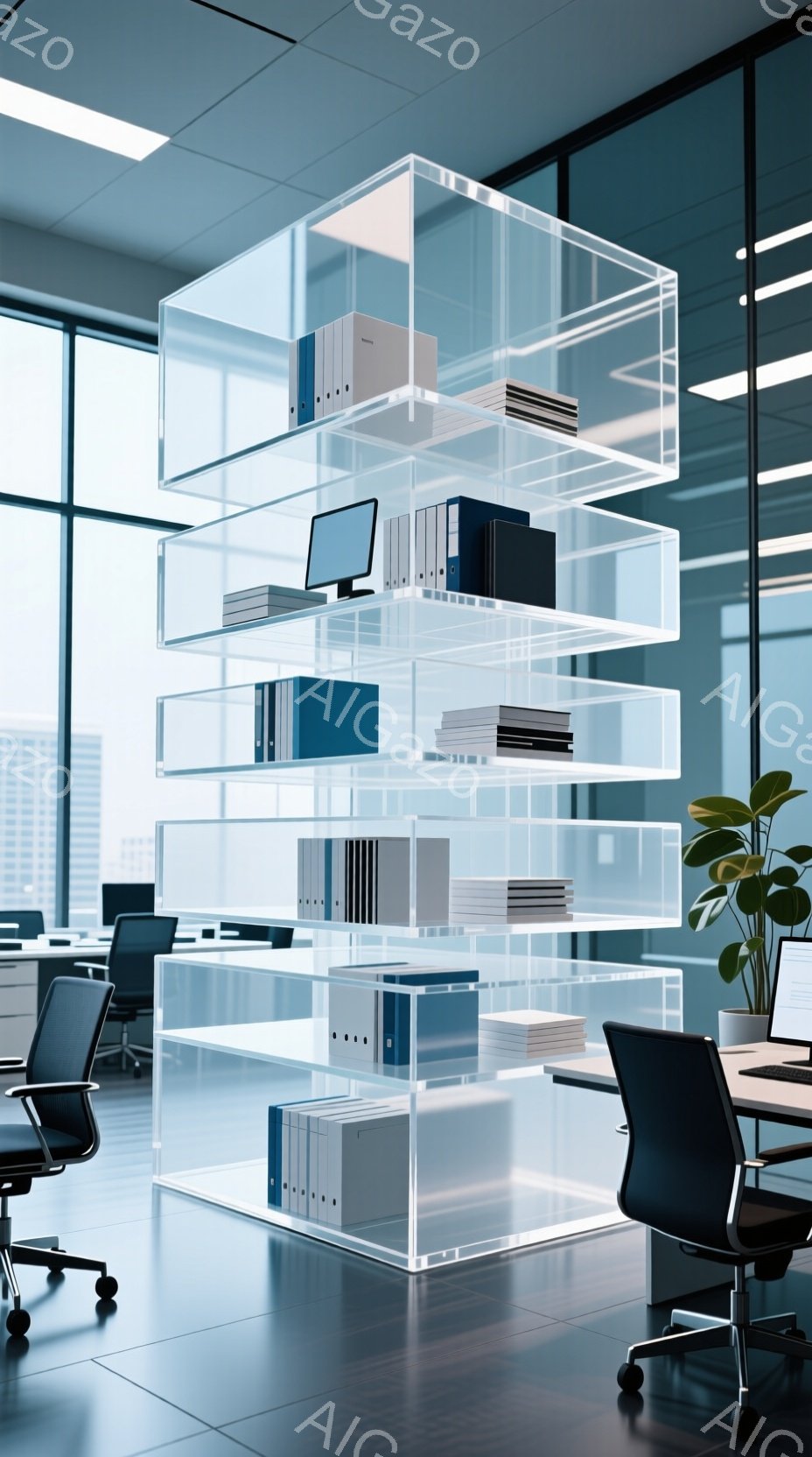 現代的なオフィス空間に、透明なアクリルの階段状の本棚が設置されています。本棚には書類や書籍が整理されて並べられ、オフィスチェアと植物が配置された部屋は、洗練された都会的な雰囲気を醸し出しています。窓の外には高層ビル群が広がり、晴天の空と相まって、開放的で明るい印象を与えます。