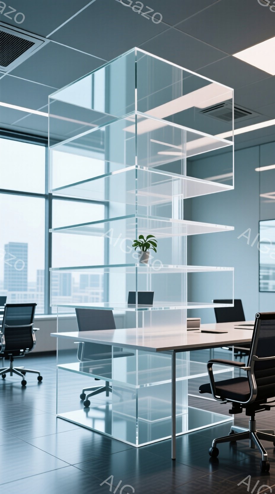 広々としたオフィス空間には、透明なアクリル製のデスクと椅子が配置されています。背景には高層ビル群と曇り空が見え、モダンでミニマルな雰囲気を醸し出しています。デスクの上には小さな観葉植物が置かれ、オフィス空間にわずかな色彩と自然の要素を加えている。