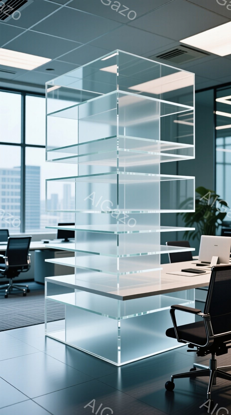 この画像は、モダンなオフィス空間の一部を捉えたもので、透明なアクリル製の仕切りが特徴的なデスクセットが中央に配置されています。大きな窓からは高層ビル群が見え、明るい自然光が差し込み、洗練された都会的な雰囲気を醸し出しています。デスクの上にはノートパソコンが置かれ、オフィスチェアが配置され、仕事に集中できる環境が整っていることがわかります。