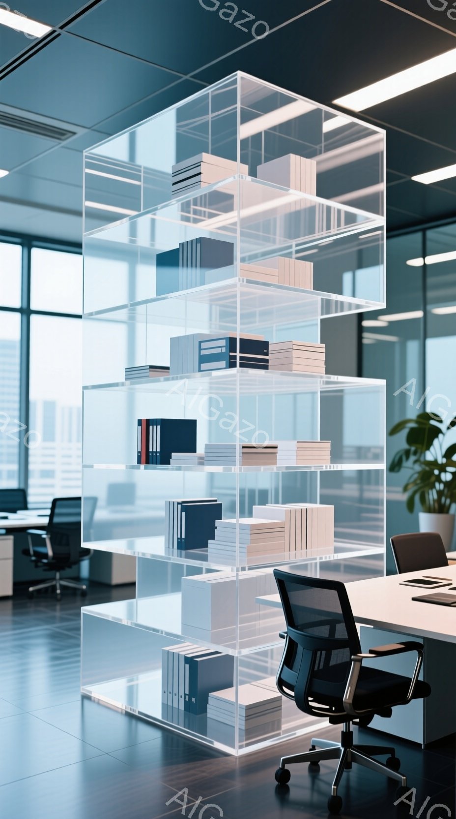 現代的なオフィス空間に、透明なアクリルの階段状の本棚が設置されている。各段には書類や書籍が積み重ねられ、オフィス内の明るい光の中で、その透明感と整理整頓された様子が際立っている。窓の外には高層ビル群が広がり、都会的で洗練された雰囲気を醸し出している。
