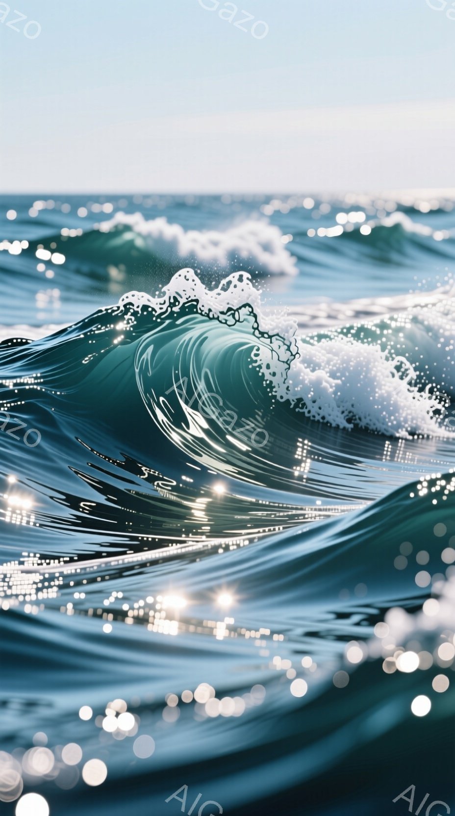 鮮やかなターコイズブルーの波が、光を受けてキラキラと輝いている。波の表面には無数の小さな光の点が散りばめられ、動きとエネルギーを感じさせる。背景は穏やかな空と海で、波の力強さと美しさが際立っている。 - AI生成フリー素材