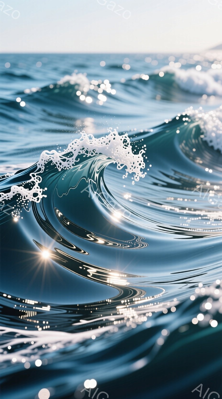 青く輝く波が画面全体を覆っており、水面に太陽光が反射してキラキラと輝いている。波は勢いよくうねっており、白く泡立った波頭が印象的だ。全体的に、爽やかで力強い海のエネルギーを感じさせる、美しい自然の風景である。