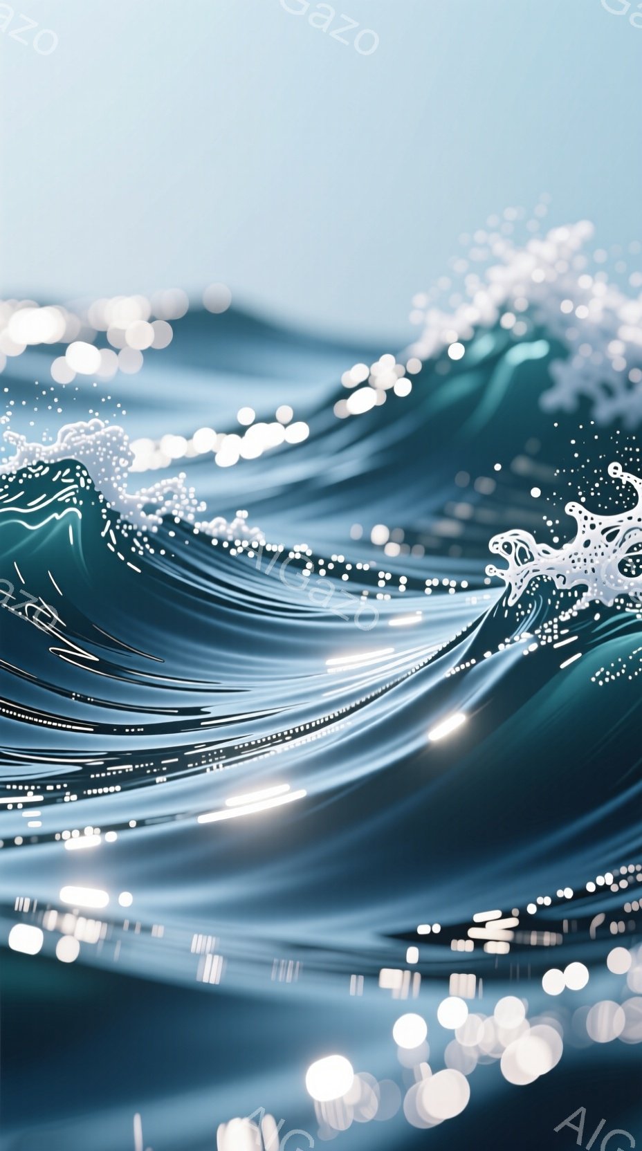 鮮やかなコバルトブルーとターコイズのグラデーションが美しい波が画面全体を覆っています。光の粒子が波の表面でキラキラと輝き、躍動感と神秘的な雰囲気を醸し出しています。背景は抽象的で、まるで深海の中にいるかのような感覚を与えます。