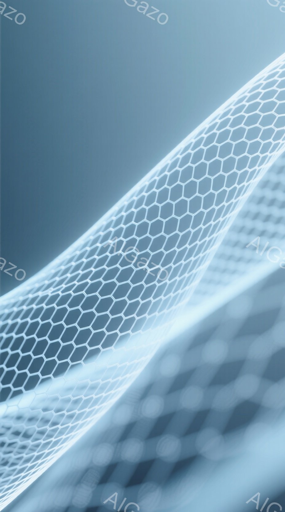 この画像は、光沢のある青い背景に、蜂の巣のような六角形のパターンが描かれた抽象的な表現です。パターンは曲線的に伸びており、光の反射によって立体感と未来的な印象を与えます。全体的に、クールで洗練された、テクノロジーを感じさせる雰囲気です。