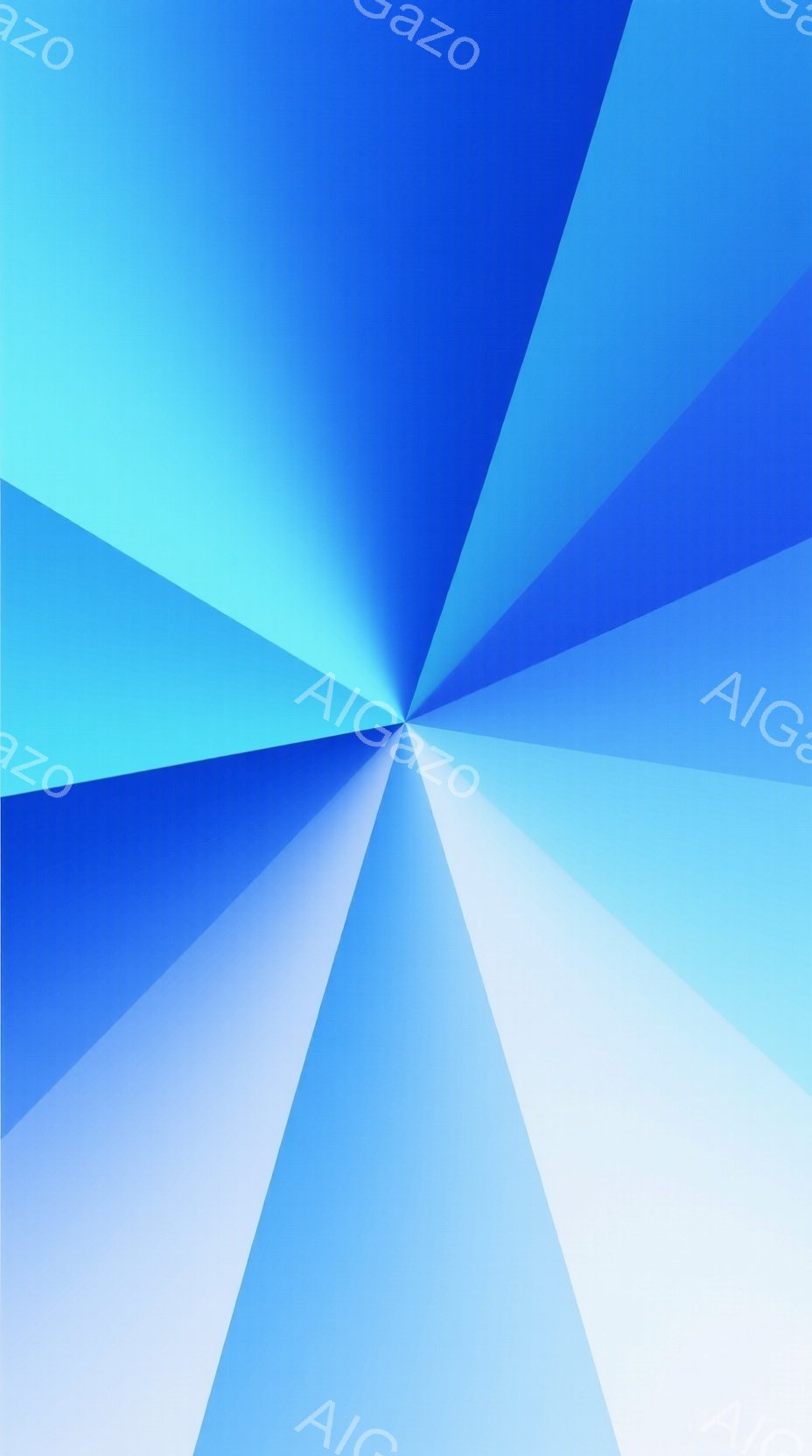 この画像は、中心から放射状に広がる三角形のパターンで構成されています。色は白から濃い青へとグラデーションしており、鮮やかでダイナミックな印象を与えます。背景は単色で、幾何学的なデザインが際立っています。