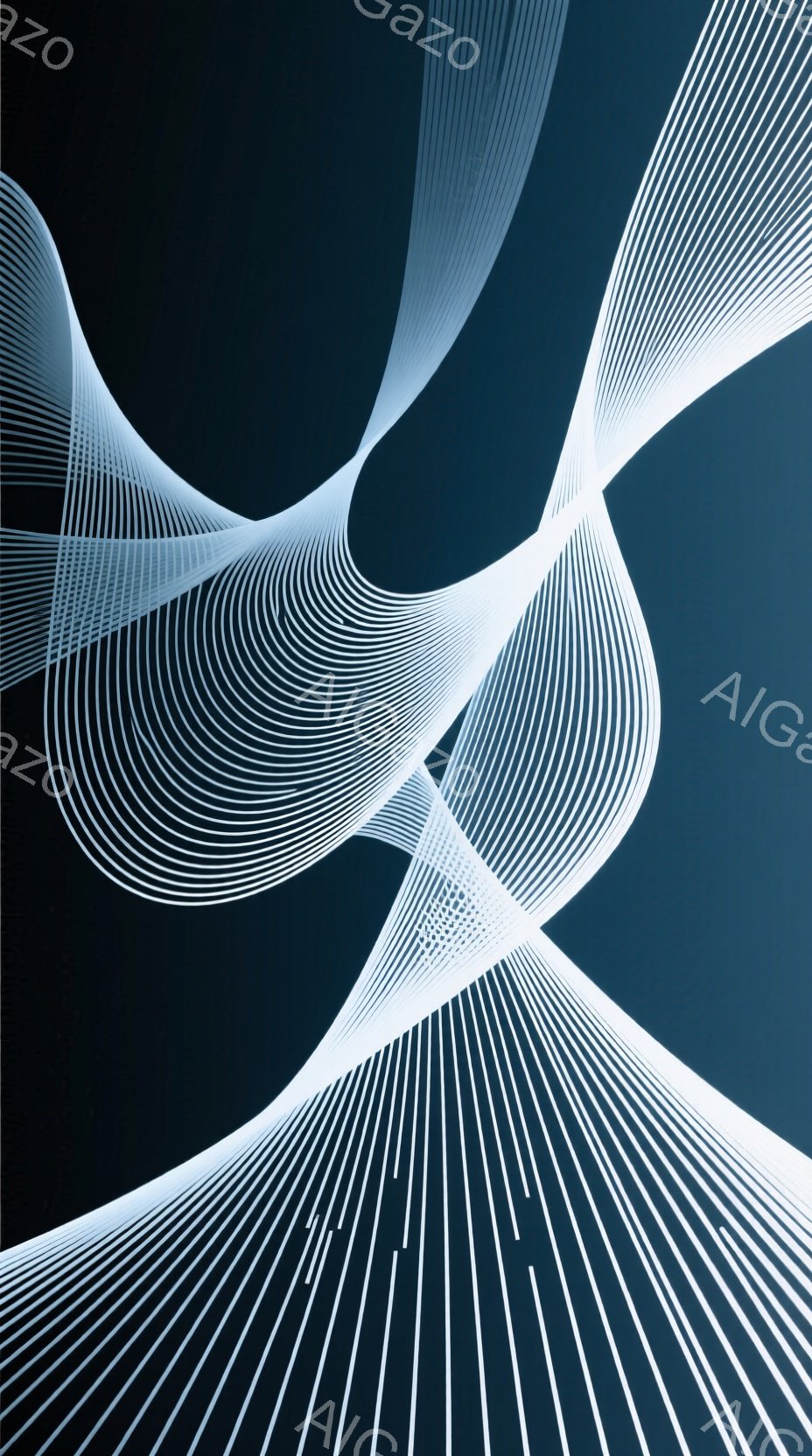 鮮やかな白い線が、暗い青色の背景に対して曲線を描き、複雑な模様を形成している。線は互いに交差しながら、まるで光の軌跡のような印象を与え、未来的な雰囲気を醸し出している。この抽象的な表現は、動きと静止が混ざり合い、見る者の想像力を刺激する。