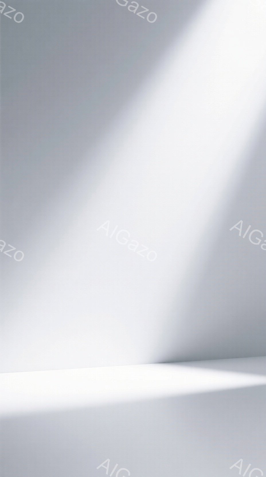 この画像は、白い壁と床のシンプルな構成で、強い光が左上から差し込み、壁と床に鋭い影を生み出している。光と影のコントラストが強調され、ミニマルで抽象的な雰囲気を醸し出している。背景は完全に白く、人物やそ - AI生成フリー素材