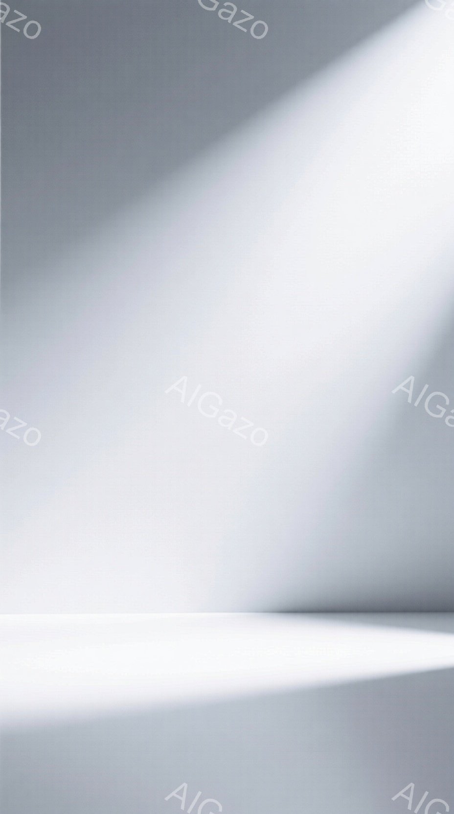 この画像は、白く均一な背景を持つミニマルな構成です。光が左上から差し込み、床面の一部を照らし出しており、シンプルな陰影が生まれています。全体的に無機質で静謐な雰囲気が漂い、抽象的な表現の中に奥行きを感 - AI生成フリー素材