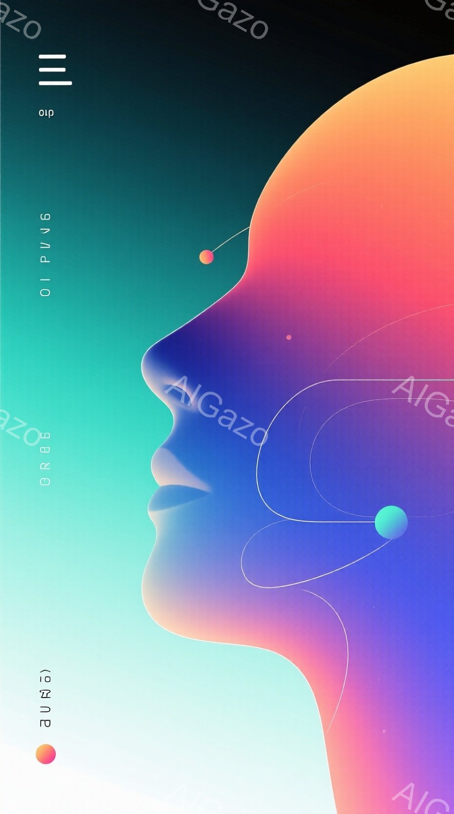 この画像は、青と紫の色調で描かれた女性の横顔のイラストです。頭部から広がる光の線と、浮遊する球体が未来的な雰囲気を醸し出しています。背景はグラデーションで、全体的に神秘的で幻想的な印象を与えます。