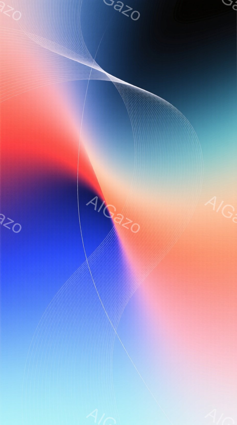 鮮やかな青からオレンジ、ピンクへとグラデーションする背景に、細い白い線が曲線を描き、抽象的な模様を形成している。これらの線は互いに交差または平行に走り、まるで光の軌跡やエネルギーの流れを表現しているようだ。全体として、穏やかで流動的な雰囲気が漂い、幻想的で夢のような空間を連想させる。