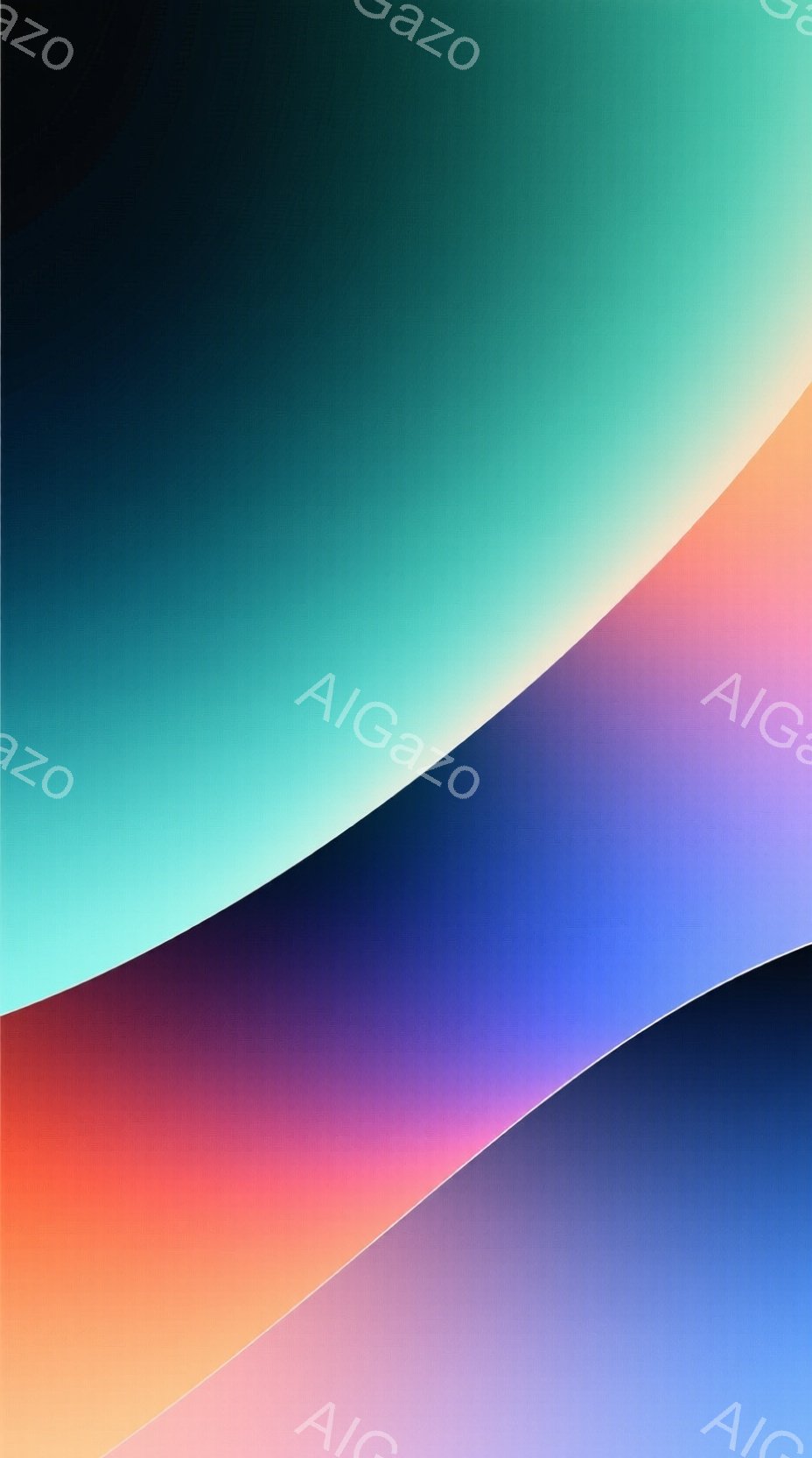 この画像は、鮮やかな色のグラデーションが特徴です。オレンジ、ピンク、紫、青、緑が滑らかに混ざり合い、曲線的な境界線で区切られています。背景は単色で、全体的に穏やかで抽象的な雰囲気です。